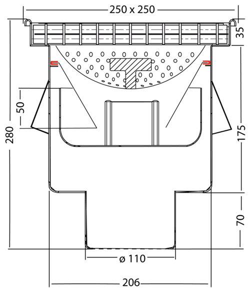 Technical image of VDB Industrial Drains Drain With 110mm Vertical Outlet 250x250mm (Mesh).