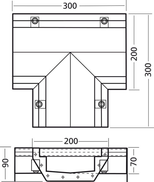 Technical image of VDB Industrial Drains Connect Channel T Part 300x300x200mm.