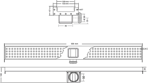 Technical image of VDB Channel Drains Hero Connectable Shower Channel 500x100mm.