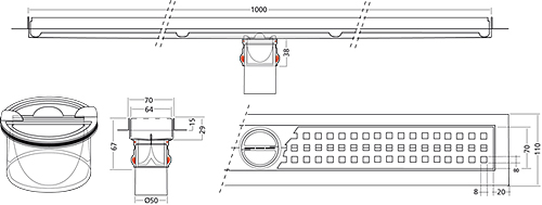 Technical image of VDB Channel Drains Premium Line Shower Channel 1000x70mm.