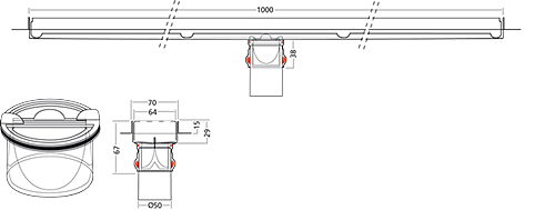 Technical image of VDB Channel Drains Premium Line Shower Channel 1000x70mm (Plain).