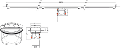 Technical image of VDB Channel Drains Premium Line Shower Channel 1100x70mm (Plain).