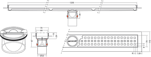 Technical image of VDB Channel Drains Premium Line Shower Channel 1200x70mm (Perf).