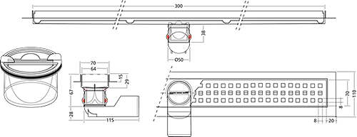 Technical image of VDB Channel Drains Premium Line Shower Channel 300x70mm.