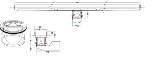 Technical image of VDB Channel Drains Premium Line Shower Channel 800x70mm (Plain).