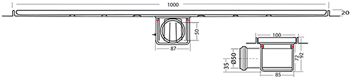 Technical image of VDB Channel Drains Standard Shower Channel 1000x100mm (Wave).