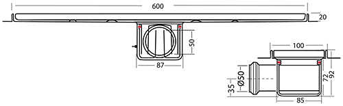 Technical image of VDB Channel Drains Standard Shower Channel 600x100mm (Wave).