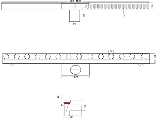 Technical image of VDB Channel Drains Perfect Shower Channel, Wall Flange 700x35mm.