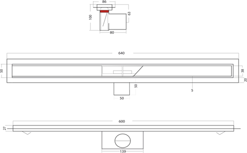 Technical image of VDB Tile Drains Shower Tile Channel 600x50mm (Stainless Steel).