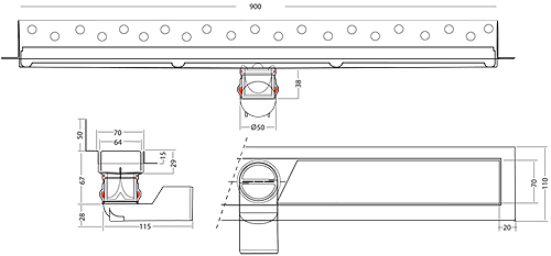 Technical image of VDB Channel Drains Premium Shower Channel, Wall Flange 900x70mm.