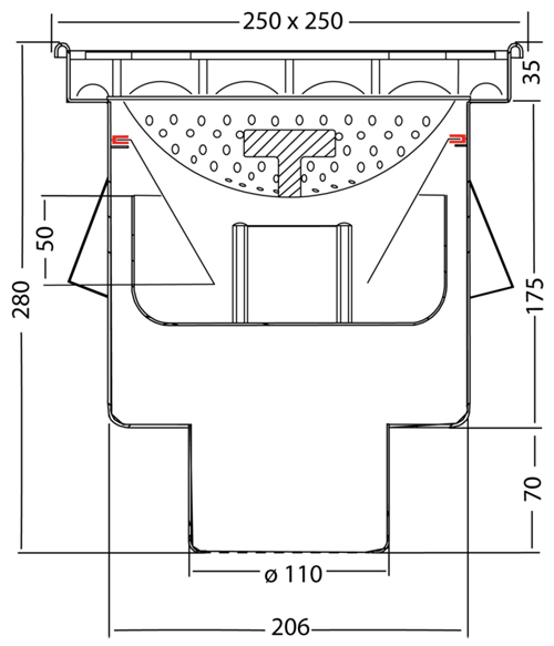 Technical image of VDB Industrial Drains Screw Down Drain With Vertical Outlet 250x250mm.