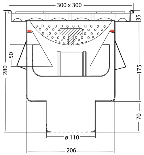 Technical image of VDB Industrial Drains Drain With 110mm Vertical Outlet 300x300mm.