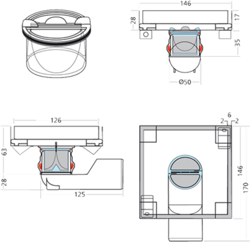 Technical image of VDB Tile Drains Shower Tile Drain 146x146mm (Stainless Steel).