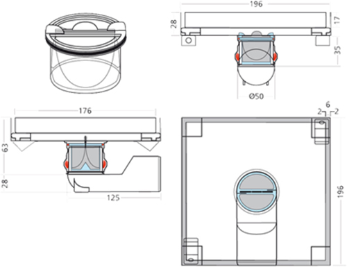 Technical image of VDB Tile Drains Shower Tile Drain 196x196mm (Stainless Steel).