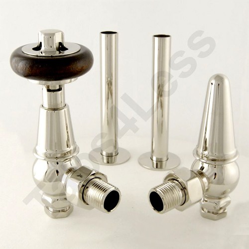 Larger image of Crown Radiator Valves Thermostatic Angled Rad Valves Kit (Nickel).