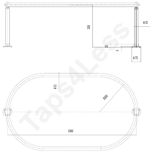 Technical image of Chrome Rails Oval Shower Curtain Rail With 2 x Ceiling Brackets (Chrome).