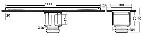 Technical image of Waterworld Rectangular Wetroom Shower Channel, Bottom Outlet. 1000mm.