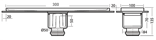 Technical image of Waterworld Rectangular Wetroom Shower Channel, Bottom Outlet. 300x100mm.