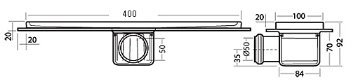 Technical image of Waterworld Rectangular Wetroom Shower Channel, Side Outlet. 400x100mm.