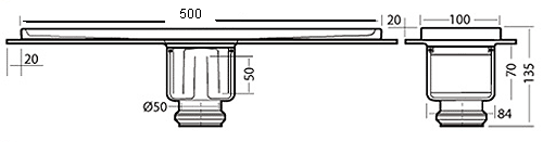 Technical image of Waterworld Rectangular Wetroom Shower Channel, Bottom Outlet. 500x100mm.