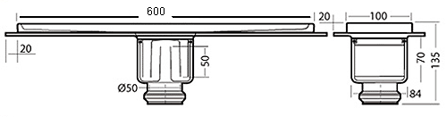 Technical image of Waterworld Rectangular Wetroom Shower Channel, Bottom Outlet. 600x100mm.