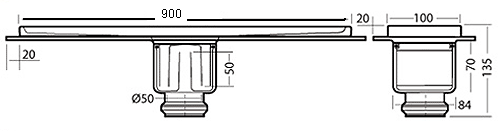 Technical image of Waterworld Rectangular Wetroom Shower Channel, Bottom Outlet. 900x100mm.