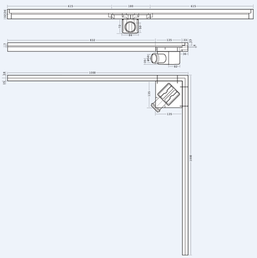 Technical image of Waterworld Corner Wall Channel Gully 1000x1000 (Stainless Steel).