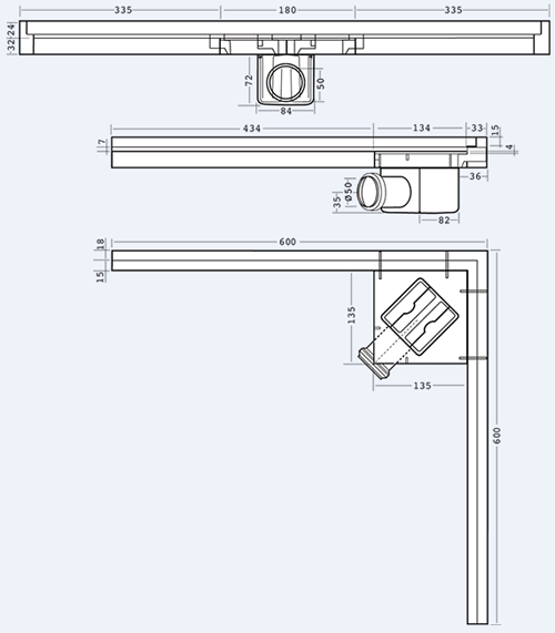 Technical image of Waterworld Corner Wall Channel Gully 600x600mm (Stainless Steel).