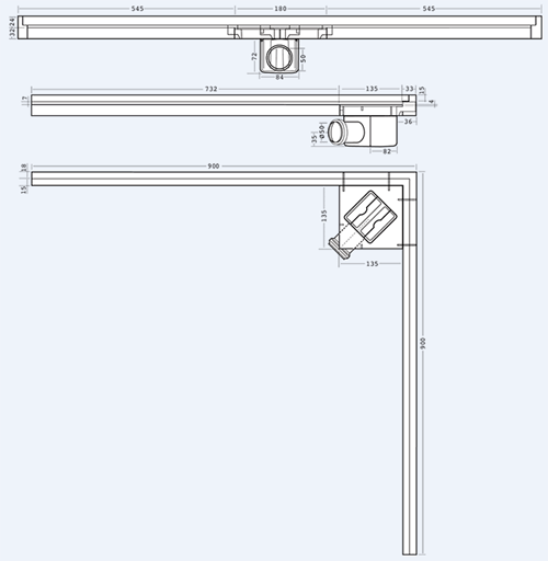 Technical image of Waterworld Corner Wall Channel Gully 900x900mm (Stainless Steel).