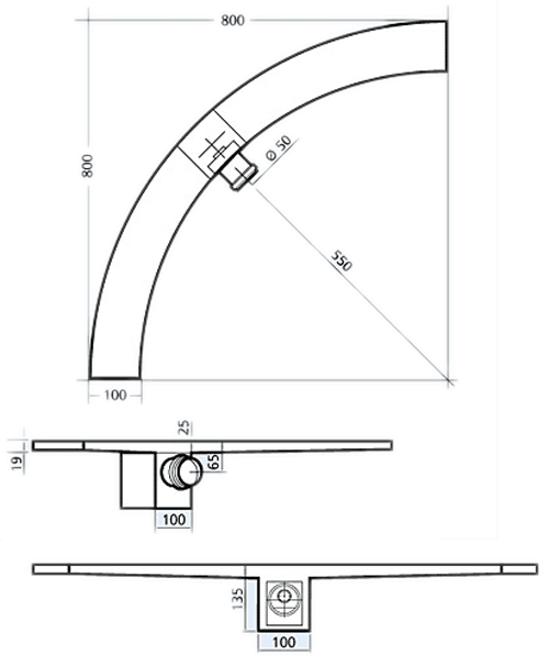 Technical image of Waterworld Quadrant Wetroom Shower Drain With Side Outlet. 800mm.