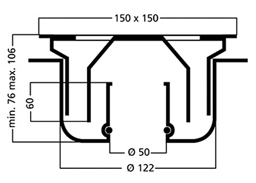 Technical image of Waterworld Stainless Steel Gully With Bottom Outlet. 150x150mm