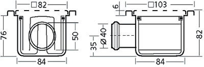 Technical image of Waterworld Stainless Steel Wetroom Gully, Side Outlet. 105x105x80mm.