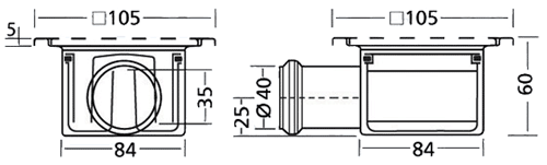 Technical image of Waterworld Stainless Steel Gully With Side Outlet. Low Profile.105x105x60mm