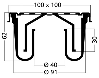 Technical image of Waterworld Wetroom Gully, Stainless Steel Grate, Bottom Outlet. 100mm.