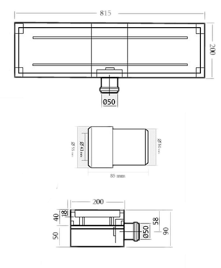 Technical image of Waterworld Stainless Steel Wetroom Tile Channel With Side Outlet. 815mm.