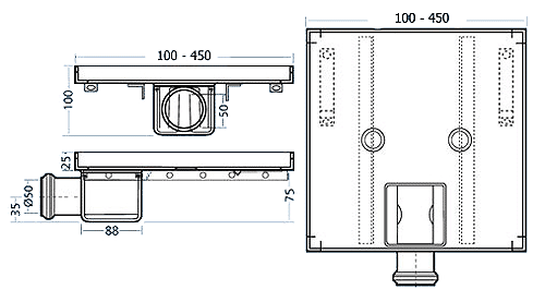 Technical image of Waterworld Stainless Steel Wetroom Tile Drain With Frame. 100x100mm.