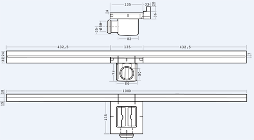 Technical image of Waterworld Wall Channel Gully With Side Outlet 1000mm (Stainless Steel).