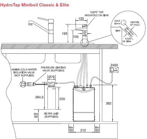 Technical image of Zip G5 Classic Filtered Boiling Hot & Ambient Water Tap (Brushed Chrome).