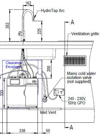 Technical image of Zip Arc Design Filtered Boiling Water Tap & Font (41 - 60 People, Bright Chrome).