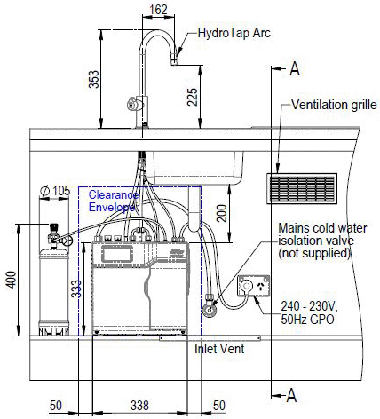 Technical image of Zip Cube Design Filtered Boiling Water Tap & Font (Matt Black).