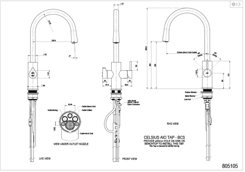 Technical image of Zip Celsius Arc AIO Boiling, Chilled & Sparkling Tap (Brushed Gold).